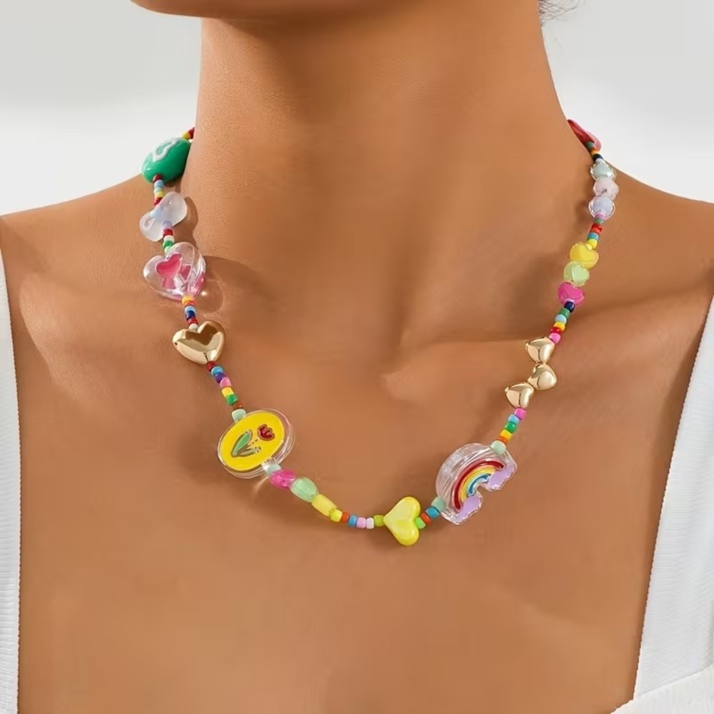Multicolor Beaded Charm Necklace Heart Rainbow Flower Y2K Boho Adjustable 19in
